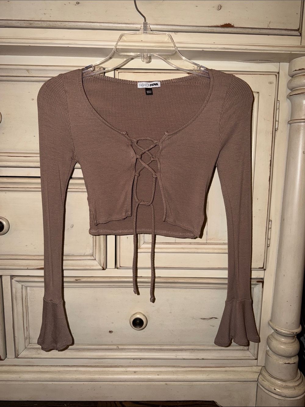 Fashion Nova Taupe Lace-Up Ribbed Long Sleeve Crop Top